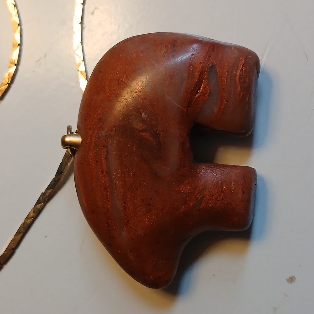 Handcrafted Vintage stone animal shaped pendant with goldtone necklace chain